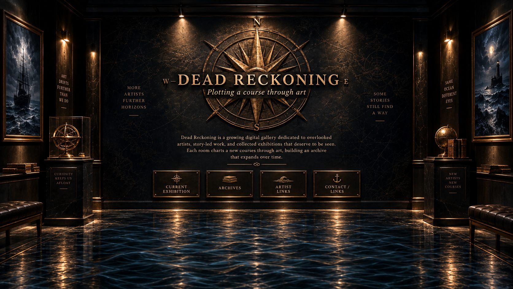 The Dead Reckoning About room: a monumental brass compass, engraved gallery mission, brass navigation plaques and a reflective night-sea floor